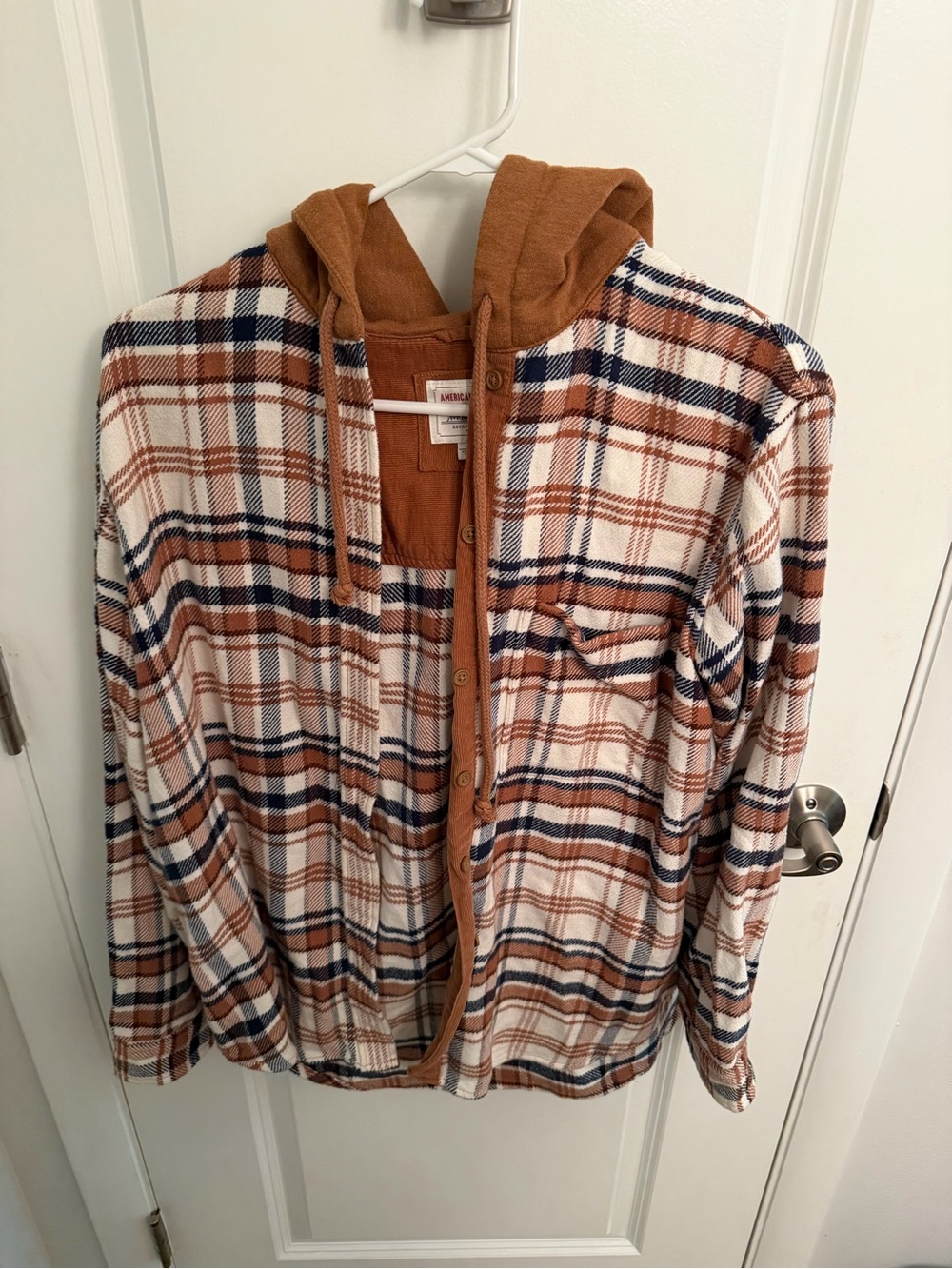 American Eagle Outfitters Plaid Hooded Cardigan in Brown, Navy, White
